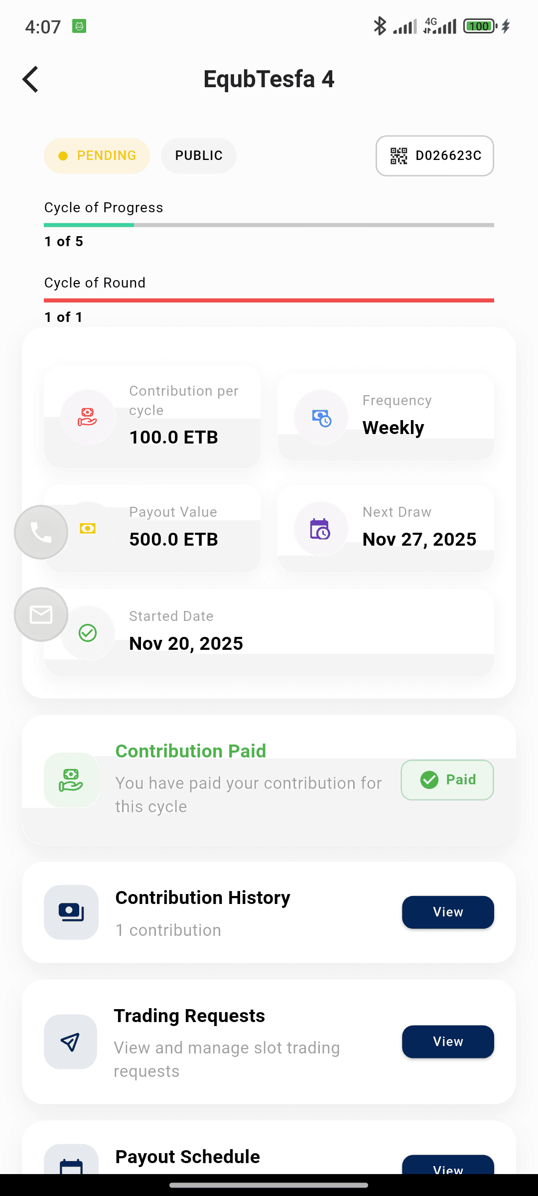 An Equb group in the Family Equb app showing contribution amount, payout value, and the next draw date