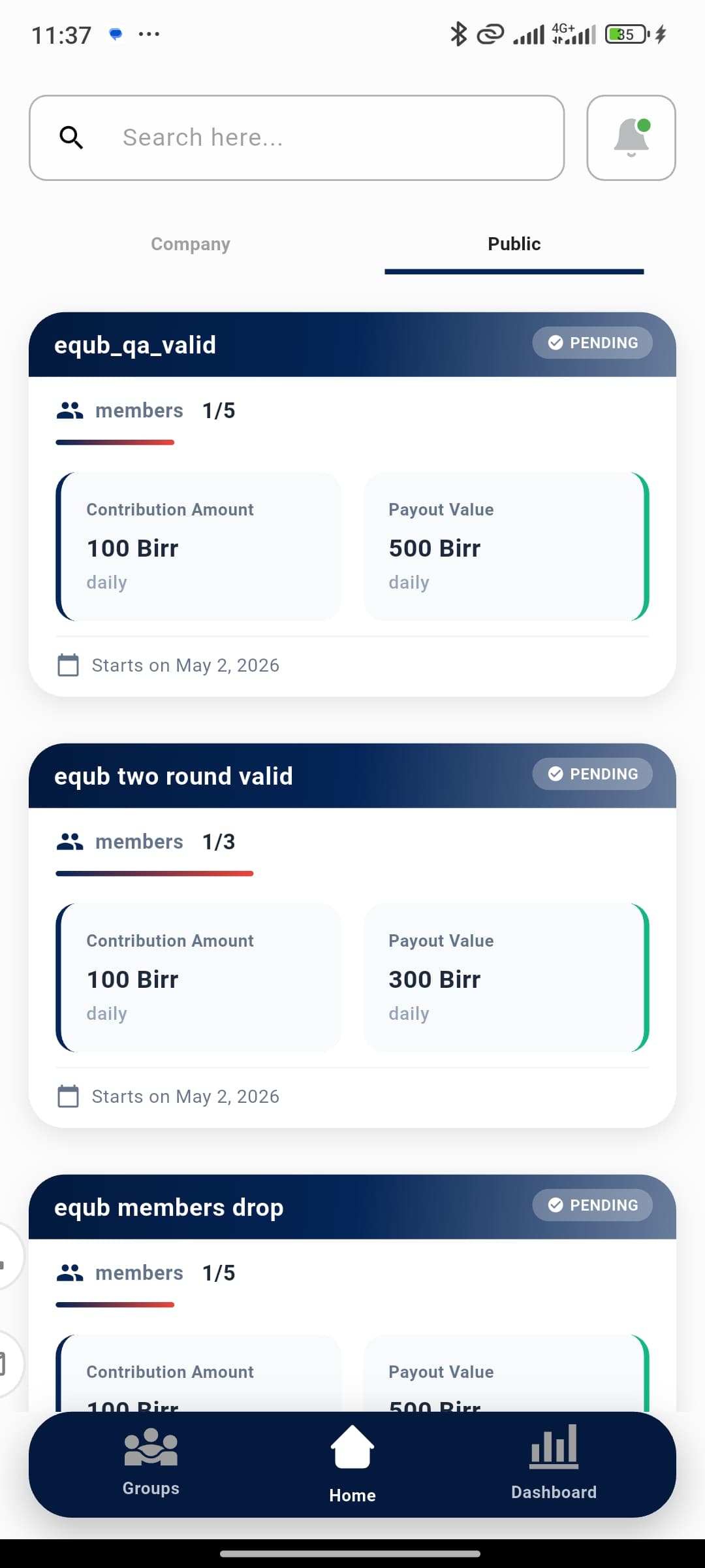 Browsing available Equb groups in the Family Equb app
