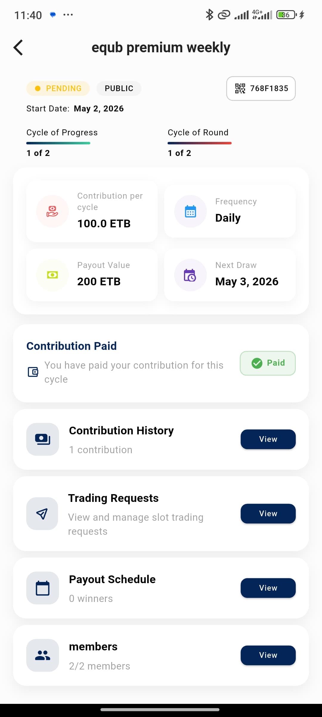 Group details showing members and contributions in the Family Equb app